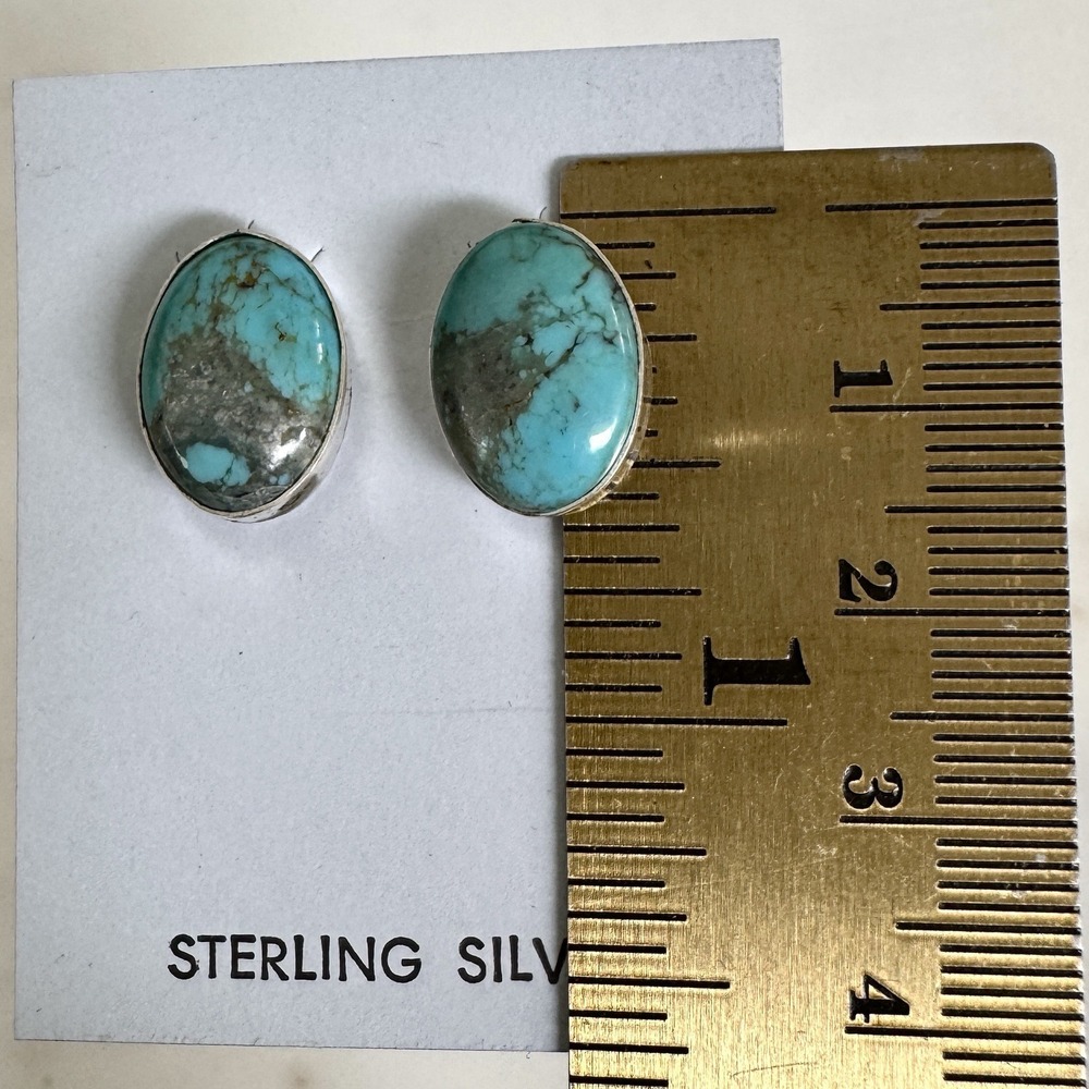 Navajo Turquoise Stud Earrings Sterling Silver 925 Post 11 x 14mm Signed Native - Picture 4 of 6